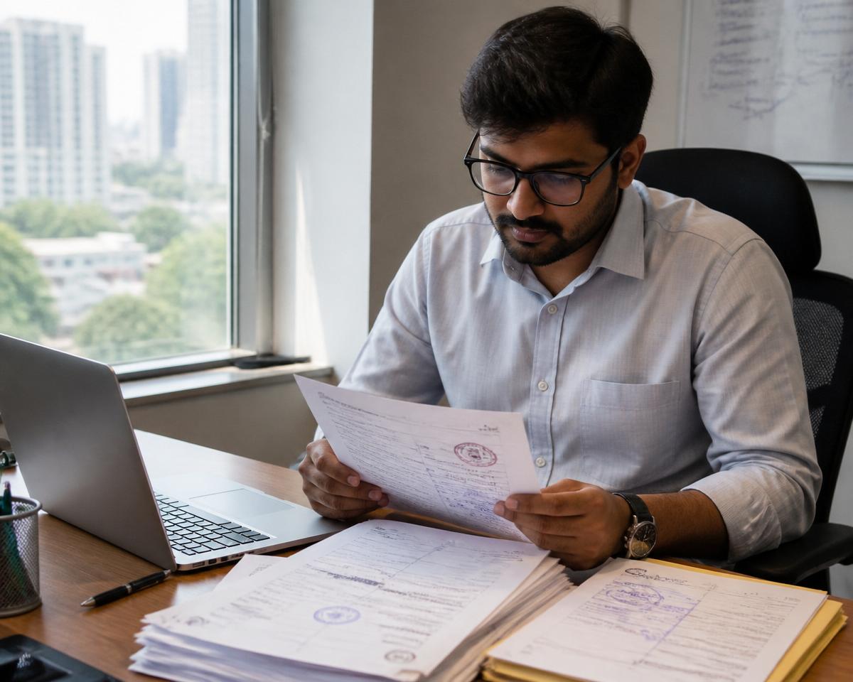 Consultant reviewing government forms in a Hyderabad office